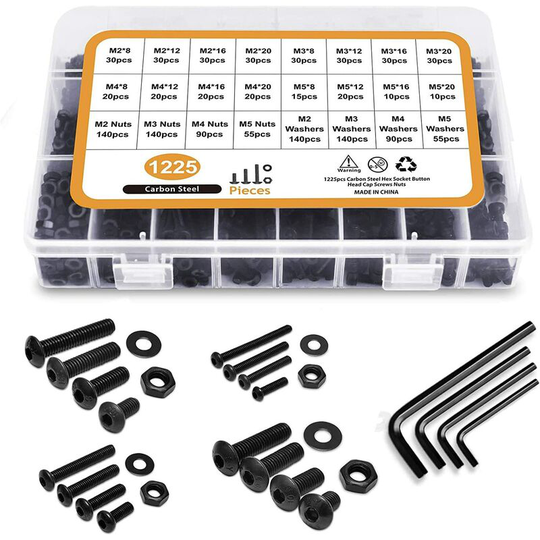 1225pcs M3 M4 M5 M6 Pan Head Hex Socket Screws Bolts Nuts and Washers Screw Assortment with Flat Storage Box