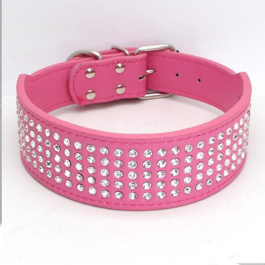 Luxury Rhinestone Leather Dog Collar for Large, Medium and Small Dogs Rose Red S, Drained Five Diamond Shiny Pet Collar.