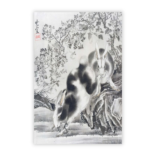 'Rabbits Hunting' by Kawanabe Kyosai - Unframed Painting Print on Paper