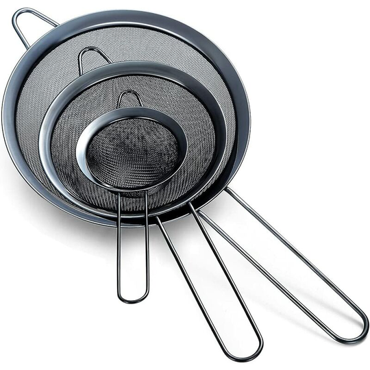 Deckon - 3 piece set of black fine mesh strainer, black flour sifter for baking, stainless steel clander, matcha black tea strainer, sauce separator,