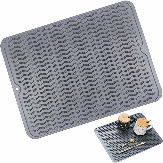 Monly - Silicone Dish Drying Mat Under Mat Grooved Dish Drainer Mat Heat Resistant Safe Soft, for Pots, Bowls, Saucers, Cups, Refrigerators, Cabinets