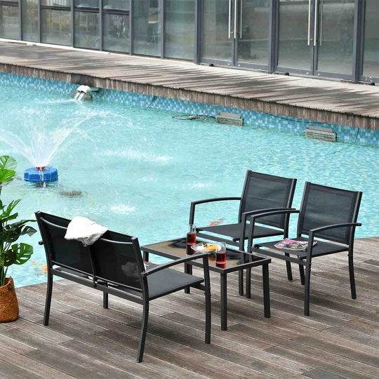 Adelaide - Design Garden Lounge With Sofa + 2 Armchairs + Coffee Table With Glass Shelf. 4-piece Outdoor Lounge Set In Metal And Textilene. Black.