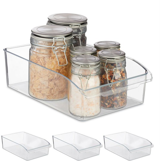 Relaxdays 4x Fridge Organisers, Storage with Handle, Plastic, Kitchen & Bathroom Storage Box, 9x31x20 cm , Transparent
