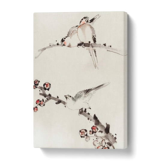 'Three Birds Perched on Blossom Branches' by Katsushika Hokusai - Wrapped Canvas Painting Print