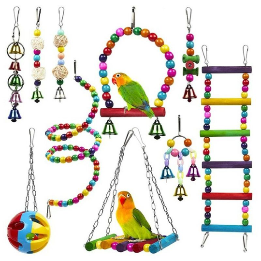 10 Pieces Bird Toys - Color Climbing Toys, Swings, Ladders, Perches, Bells - for Birdie, Parrot, Finches, Parakeets