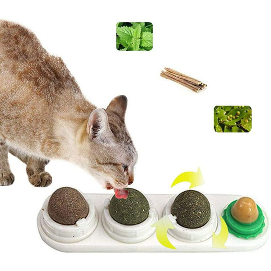 Aougo - Catnip Wall Ball, Rotating Cat Snack Toy Containing Catnip/Licking Sugar/Gall Nut/Silver Vine, 4 in 1 Edible Self Adhesive Catnip Toys for