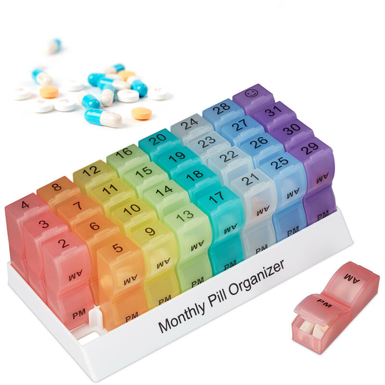 Relaxdays - Pill Box, Organiser for 31 Days, am & pm Labels, BPA-Free Plastic, Daily Medication Dispenser, Multi-Coloured