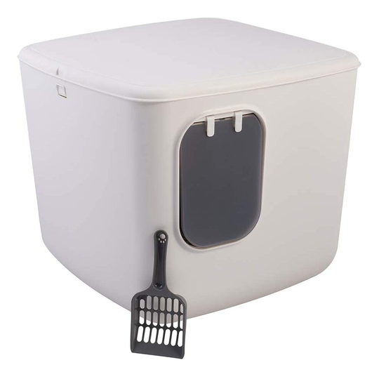 Iris Ohyama, Hooded cat litter tray with minimalist design, seat & internal intermediate level, deodorant filter slot, scoop included, entrance