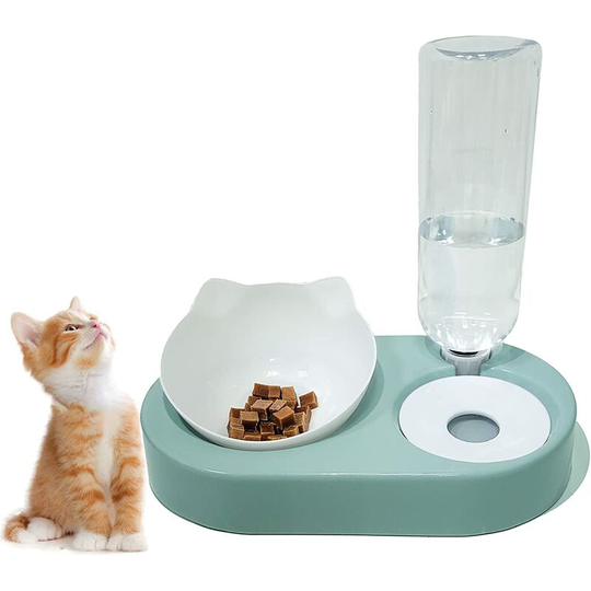 Elevated Cat Bowl, 15° Tilt Anti-Vomiting Cat Bowl with Automatic Water Dispenser for Cats and Small Dogs