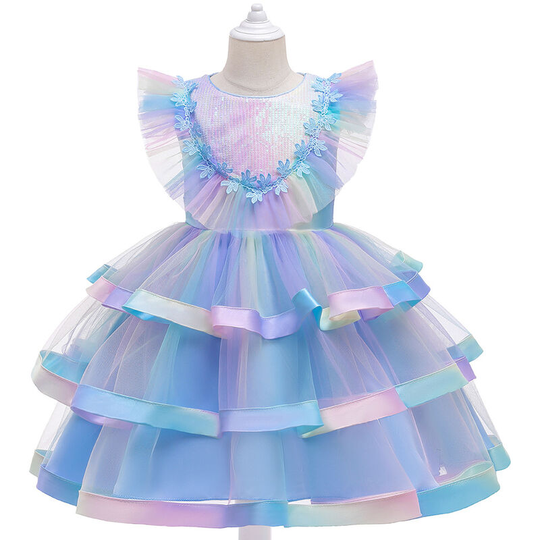Thsinde - Kids Girl Dress Skirt Girls dress sequins small flying sleeves colorful multi-layer mesh tutu skirt costumes blue b