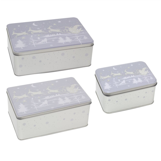 Set Of 3 Father Christmas Silver Storage Tins | Triple Festive Rectangle Nesting Tins | Fairy Cake Biscuit Cookie Muffin Treat Storage Tin Trio