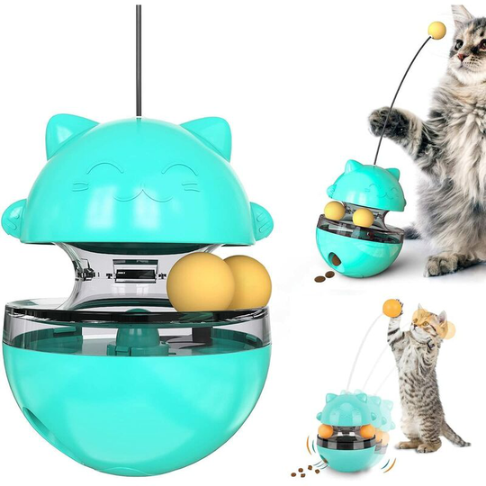 Funny Cat Interactive Toy Tumbler Puzzle Cat Toy Comes with Funny Cat Stick, Adjustable Cat Leaky Toys for Indoor Cat (Lake Blue)