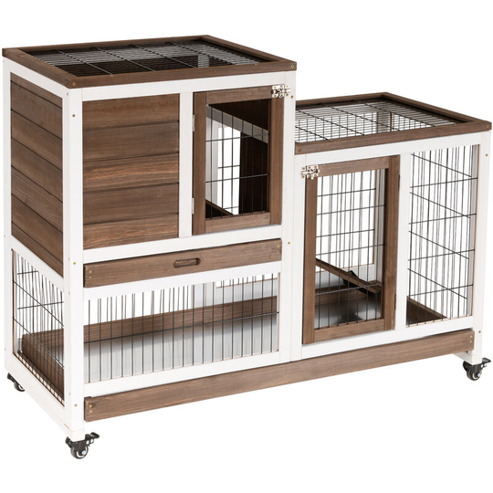 Pawhut - Wooden Indoor Rabbit Hutch Elevated Bunny Cage with Enclosed Run w/ Wheel - Brown