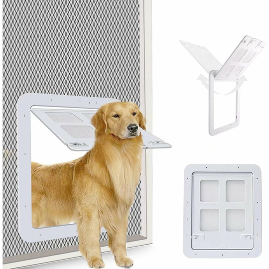 Litzee - Pet screen door (outer size 43cm x 37cm), pet screen door with lock for dogs and puppies, dog door for pet screen door (l, white)