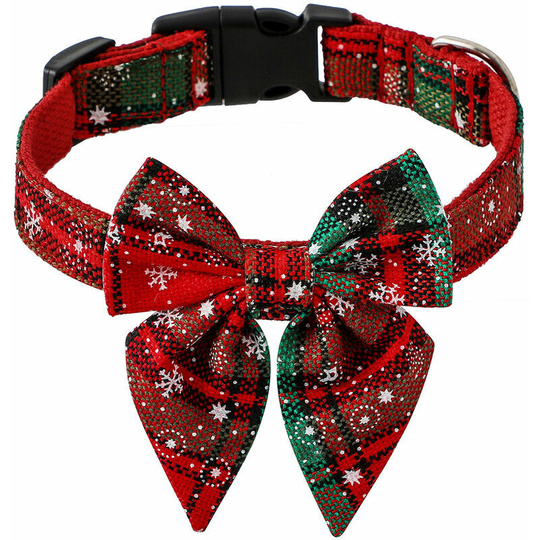 Holiday Dog Collar with Bow, Adjustable Christmas Plaid Dog Collar with Safety Buckle, Soft,GREEN Green-S