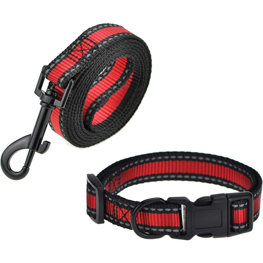 Dog Leash, Collar Combo Pack | Red| Reflective 3M Stripe with Nylon Band | (Red 2 Pack Leash Collar, Small Neck 12'-17' -20 lb)