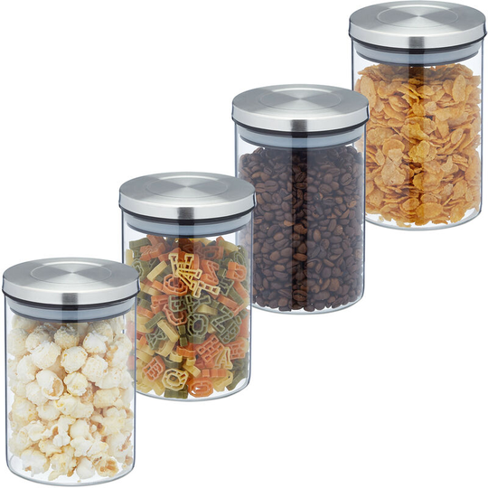 Relaxdays - Storage Jars in Set of 4, 750 ml Capacity, Steel Airtight Lids, Dry Food Storage, Glass, Transparent/Silver
