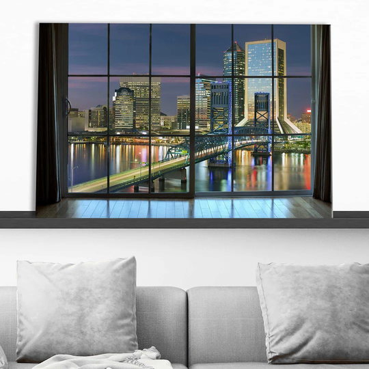 Jacksonville, Florida, USA Downtown City Skyline Window - Wrapped Canvas Photograph Print