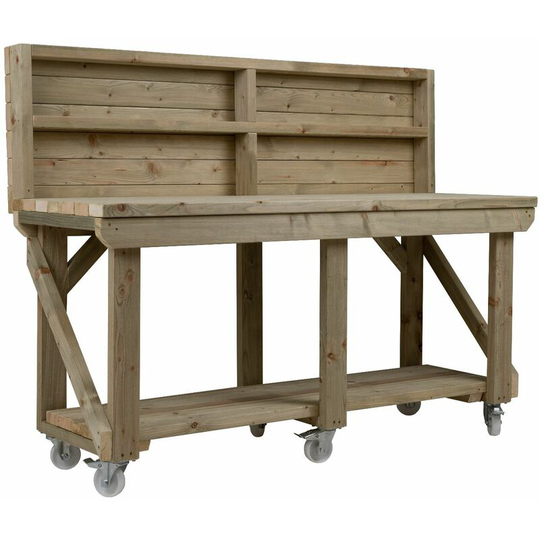 Wooden Pressure Treated Indoor / Outdoor Workbench, 8ft (240cm), With back panel and wheels