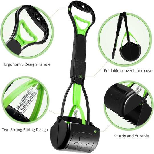 Unbreakable poo shovel for dogs and cats with a long handle made of high strength material and durable springs for easy scooping of grass and gravel