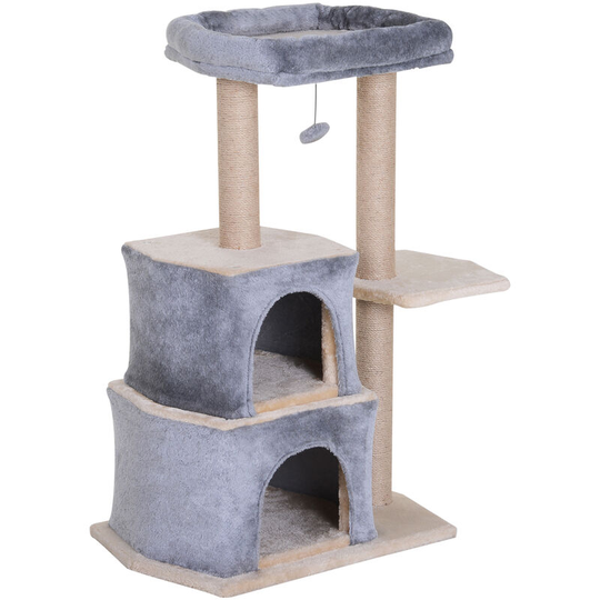 Multi-Level Cat Activity Tree w/ Sisal Scratching Post Hut House Perch - Grey - Pawhut