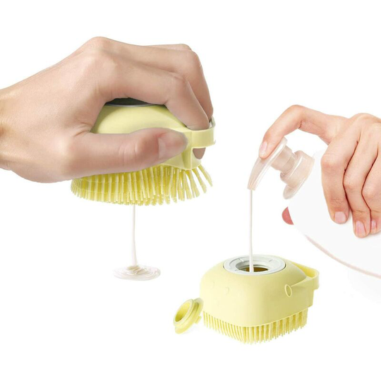 Dog Cat Bath Brush, Pet Grooming Soothing Massage Brush with Shampoo Dispenser, Soft Silicone Bristles, for Short Hair Cats Shower