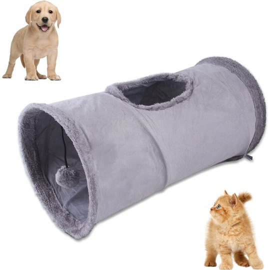 Suede Cat Tunnel Toy, Lightweight Collapsible Cat Tunnel with Caves, 50x30cm, for Cats Kittens Rabbits Guinea Pigs (Grey)