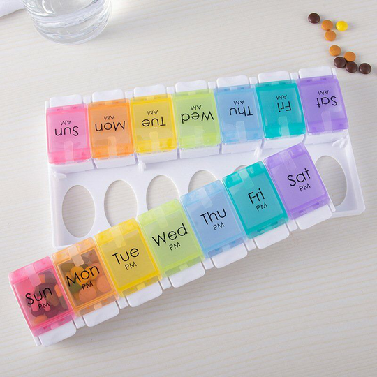 Weekly 7 Day Pill Organizer, Large Daily Pill Cases Pill Box with Easy Push Button Design for Pills/Vitamin/Fish Oil/Supplements (Rainbow)
