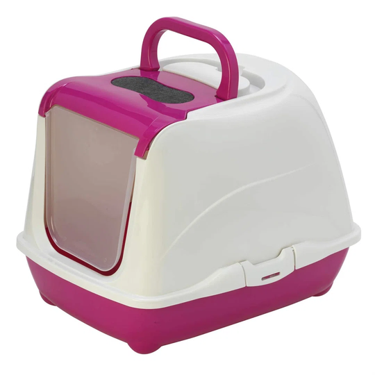 Hooded Pink Flip Cat Litter Tray + Clean Paws Cream Tray Mat - Scoop & Charcoal Filter Included