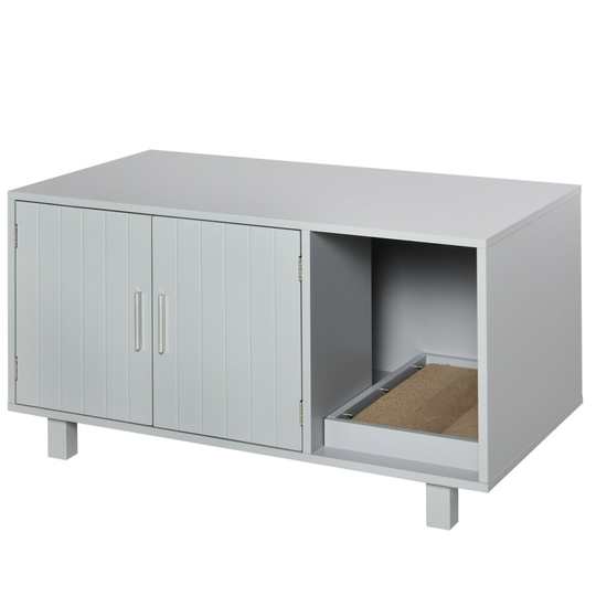 PawHut Cat Litter Box Enclosure House End Table with Scratcher Grey
