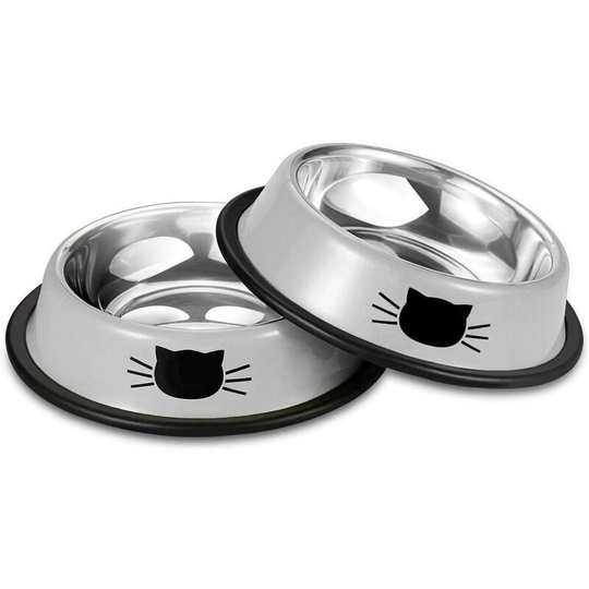 Stainless Steel Pet Cat Bowl Kitten Puppy Dish Bowl with Cute Cats Painted Non-Skid for Small Dogs Cats Animals (2 Pack)