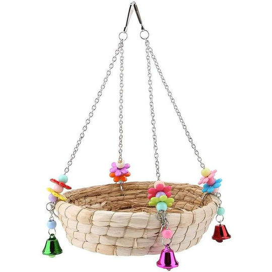 Bird's nest bed straw nest natural straw nest bed woven hand-woven swing toy with 4 metal bells toys for