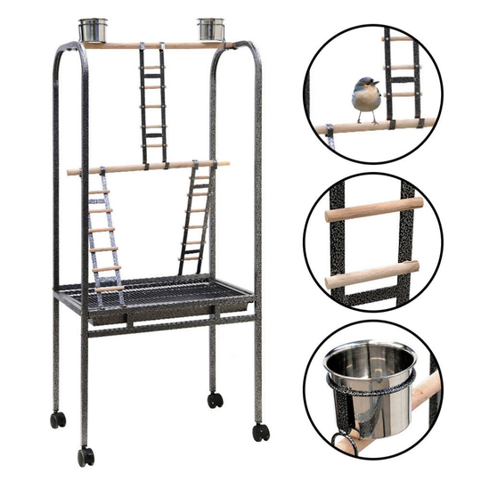 140cm Large Rolling Parrot Bird Play Perch Stand With 2 Cups Climbing Ladders