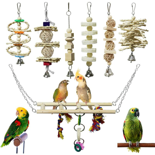 7 pieces of bird parrot toy natural wood chew toy bird cage toy hanging swing hammock climbing ladder toy small parrot, cockatiel, parrot, bird,