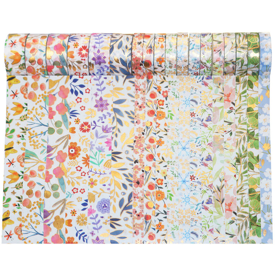 18 Rolls Washi Masking Tapes Set Floral Gold Foil Adhesive Decorative Paper Tape Beautiful Flower Leaves Plant Pattern Label Sticker