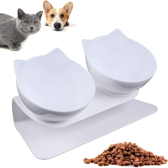 Cat Bowl, Double Cat Bowl, 15° Tilt Support, Non-Slip, to Reduce Neck Pain in Pets, for Cats and Small Dogs (White)