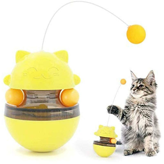 Slow Feed Cat Toy - Fun Tumbler Style, iq Training Interactive Treat Toy with Dual Roller and Detachable Wand Yellow