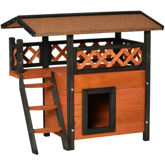 Cat House Outdoor Kitten Shelter Puppy Kennel w/ Balcony Stairs Roof - Brown - Pawhut