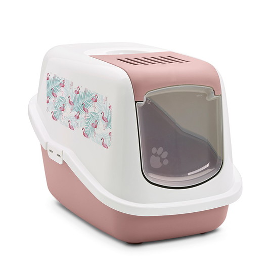 Savic Nestor Cat Litter Tray with Flamingo Design - Pink & White with Flamingo Print
