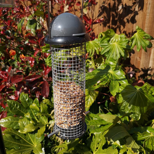 Roll Top Garden Wild Bird Hanging Grey and Black Plastic Peanut Feeder - Tom Chambers