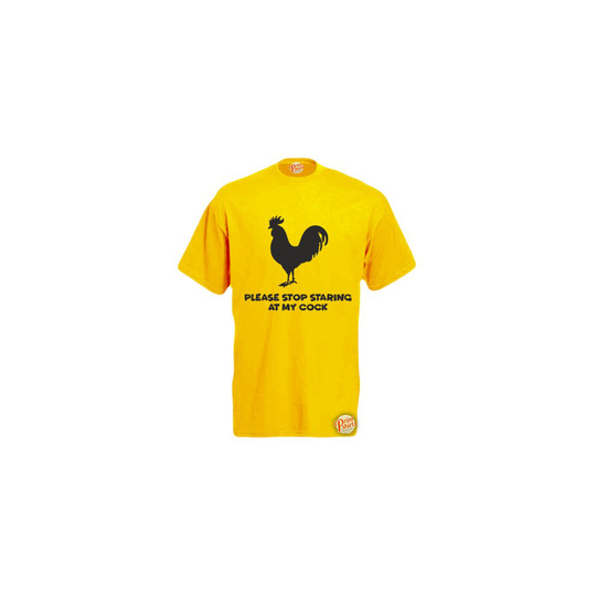 (Yellow, Large) Please Stop Staring At My C*ck! Mens Unisex Funny T-Shirt. Retro Tee
