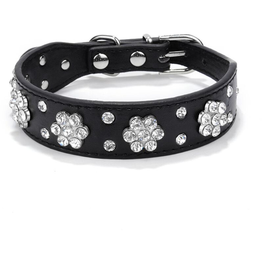 Dog Collar with Rhinestones - Pretty Flowers and Rhinestones - Faux Leather Collar - Adjustable Size: M-heise