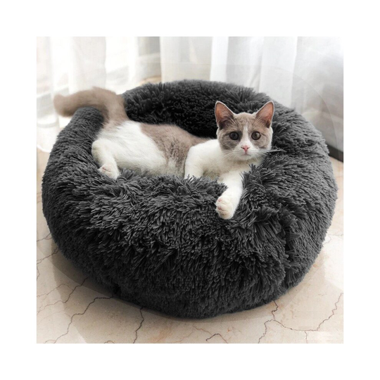 (50cm) Dark Grey Round Cat Dog Cushion Faux Fur Fluffy Shaggy Sheepskin Pet Bed