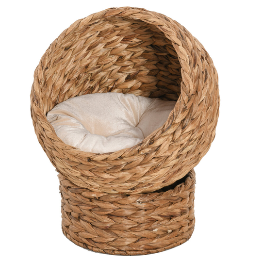 PawHut Elevated Kitten Hooded Rattan Cat House Basket w/Cushion