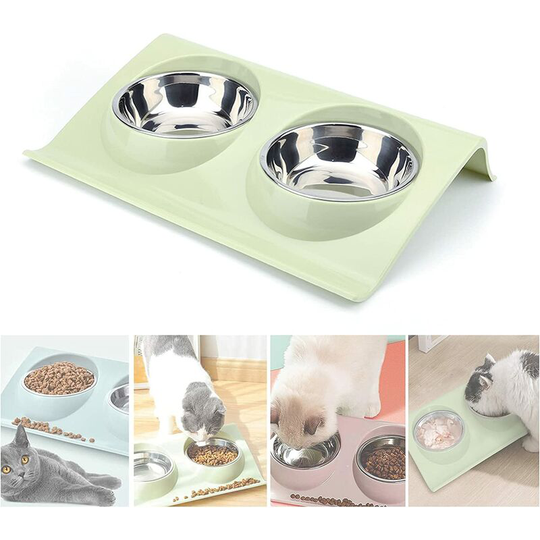 Pet Bowl Set, Stainless Cat Bowl, Double Bowl Dog and Cat Food Bowl (s, Green)