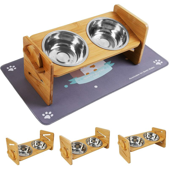 Joorrt - Cat bowl, double bowl, feeding bowl, bamboo wood, suitable for small and medium-sized dogs and cats, four adjustable height, stainless steel