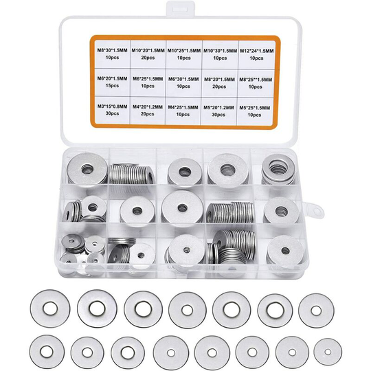 225PCS 304 Stainless Steel Flat Washers Assortment, M3 M4 M5 M6 M8 M10 M12 Flat Washer for Sealing Screw Sealing Rings - Comes with box (Gray)