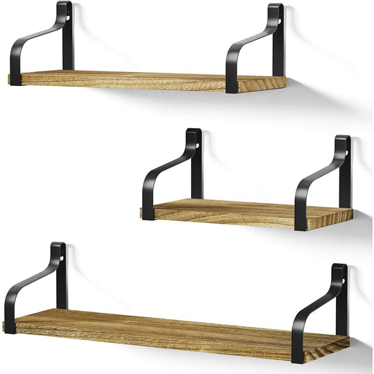 Wall Shelves Set of 3 Floating Shelves in Wood and Iron Maximum Load 20 Kg for Living Room Bedroom Office Bathroom or Kitchen, Carbonized Black