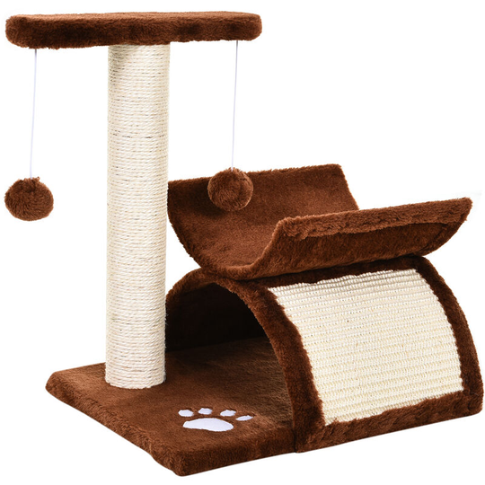 Cat Tree Plush Scratcher Kitty Activity Play Center Tunnel Dangling Ball - Brown - Pawhut