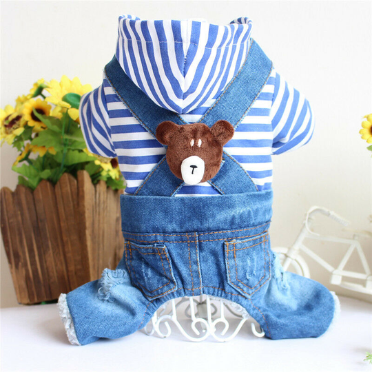 Benobby Kids - Pet clothes four-legged cross straps denim fall and winter clothes blue denim bottom shirt pet hoodie cool boys and girls jacket puppy